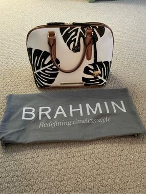 Brahmin Black & White Floral Dome Satchel with Brown Trim